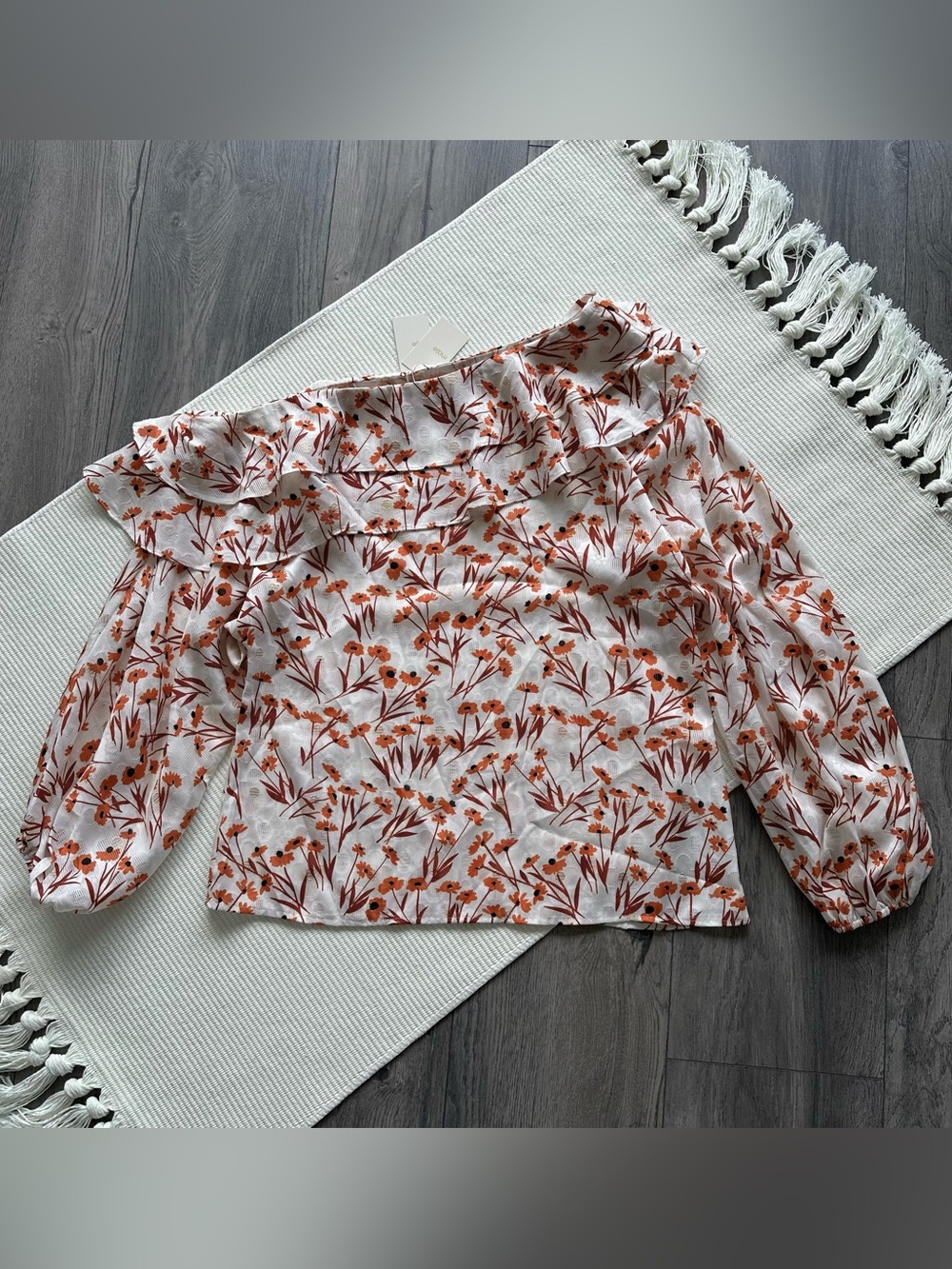 Maje Terracotta Floral Off-The-Shoulder Ruffle Blouse